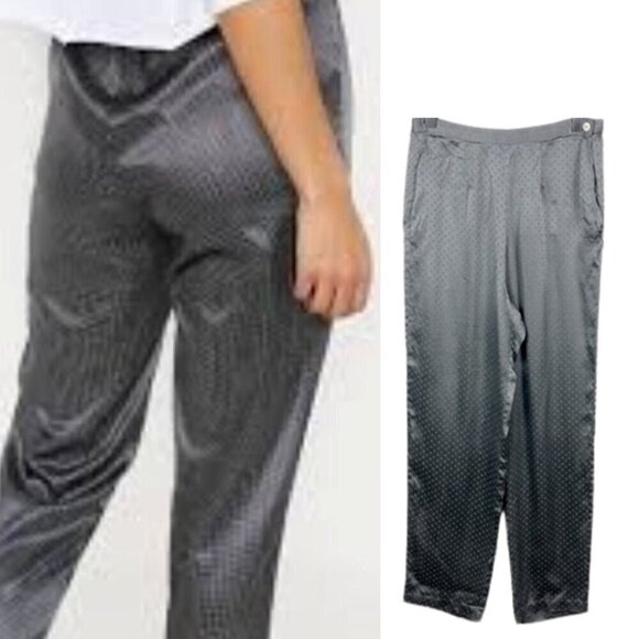 Galadriel Silk Slacks High Rise Swiss Dot Ankle Length Straight-Leg Grey Pants M - Picture 1 of 14